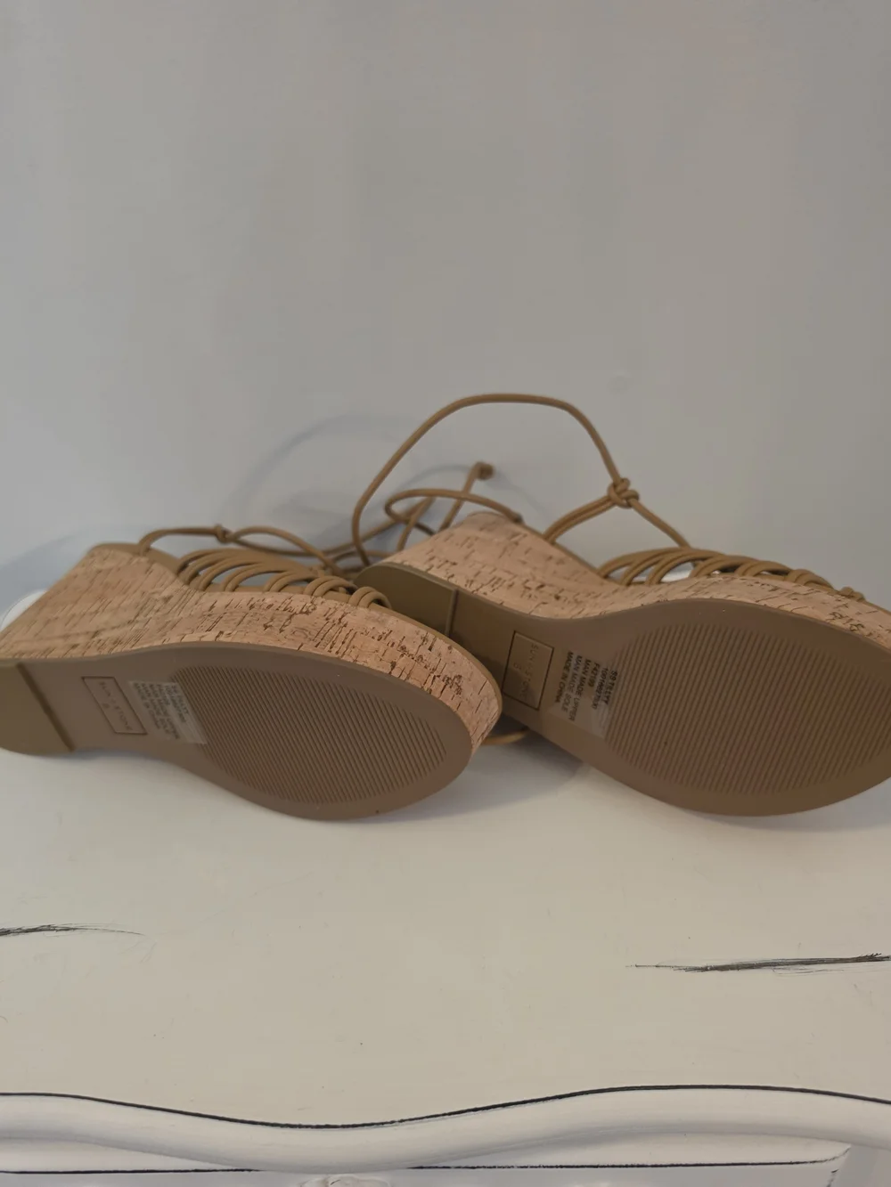 Sun + Stone Tan Strappy Cork Lace-Up Wedges
